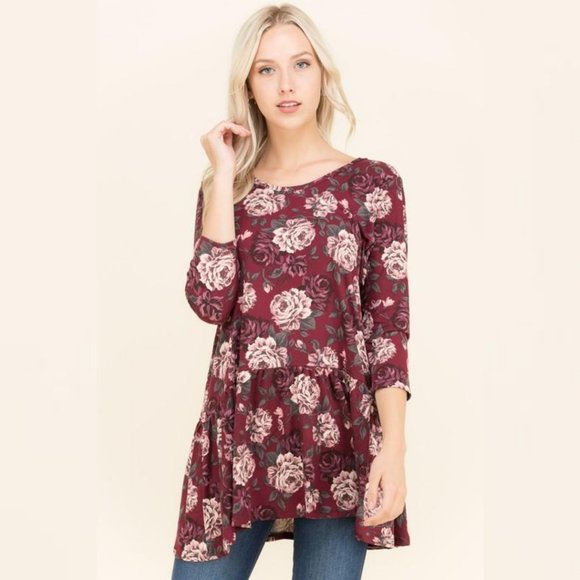 Floral 3/4 Sleeve Blouse Top Burgundy Plus Size - Picture 2 of 5